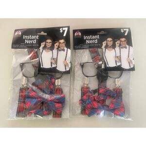 New 2 Pack Instant NERD Halloween Costume Accessories GLASSES BOWTIE SUSPENDERS